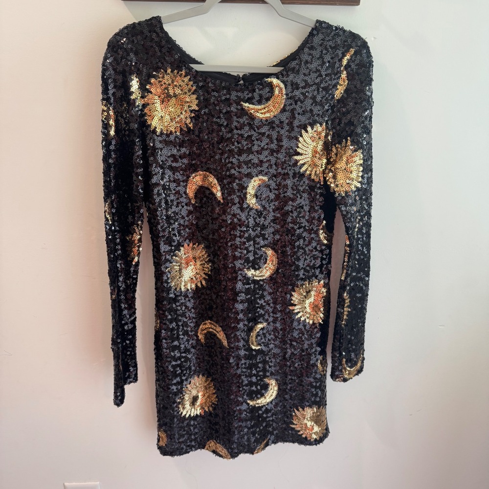 Crystal‎ Doll Sequin Celestial Sun Moon Mini Dress Black Gold Open Back Large